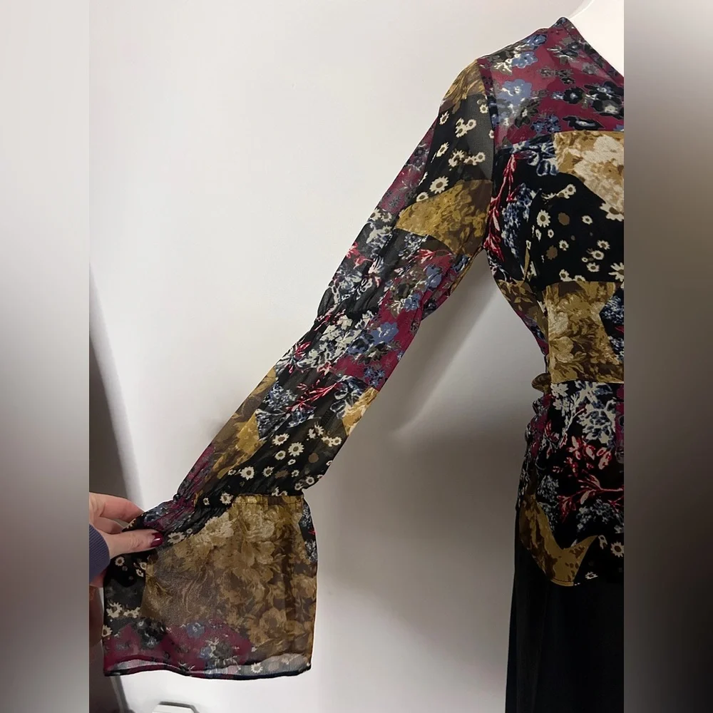 BCBGENERATION Sheer Patchwork Floral Bell Sleeve Wrap Top Whimsigoth Boho | Sz S - Picture 5 of 13